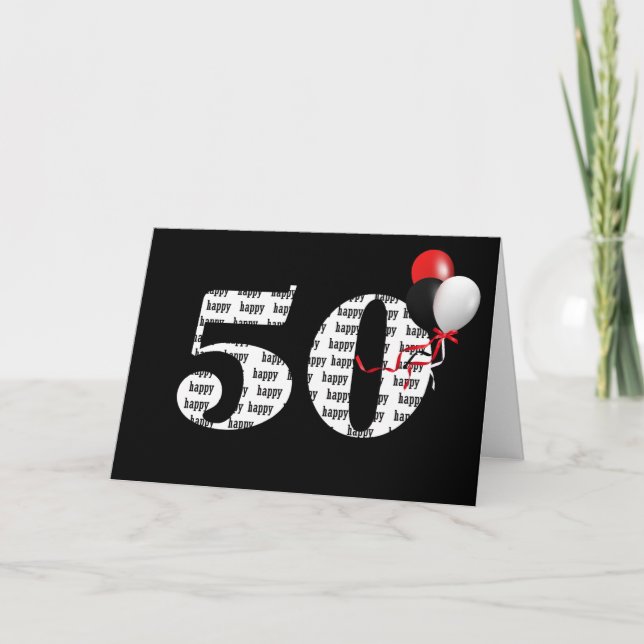 Tarjeta Feliz cumpleaños número 50 en negro con globos (Anverso)