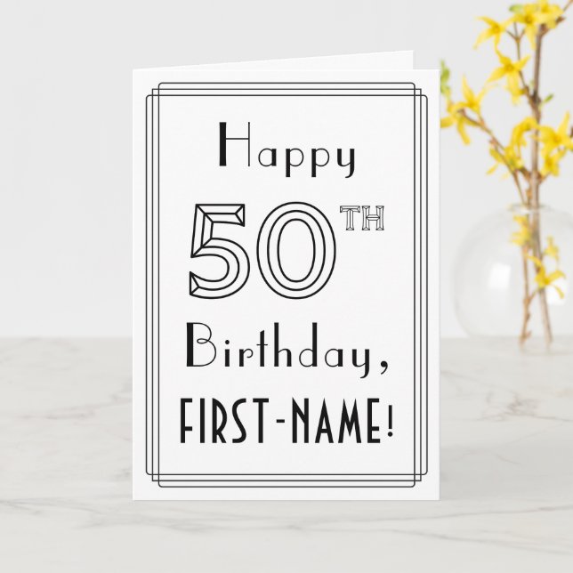 Tarjeta Feliz cumpleaños número 50, estilo Art Deco con no (flor amarilla)
