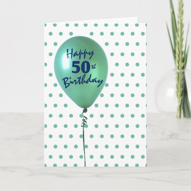 Tarjeta Feliz cumpleaños número 50, hombre o mujer, globo  (Anverso)