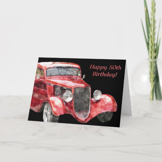 Tarjeta ¡Feliz cumpleaños número 50! Medio siglo de coche  (Anverso)