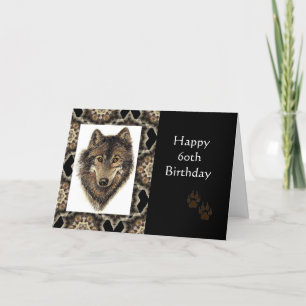 Tarjeta Feliz cumpleaños número 60 con el lobo acuarela