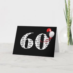 Tarjeta Feliz cumpleaños número 60 en negro con globos