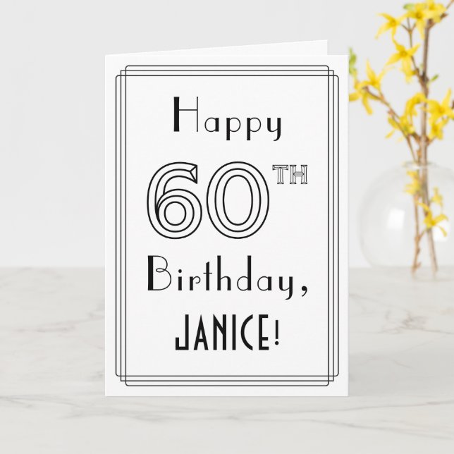 Tarjeta Feliz cumpleaños número 60, estilo Art Deco con no (flor amarilla)