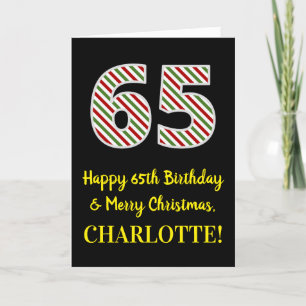 Tarjeta Feliz cumpleaños número 65 y Feliz Navidad, nombre