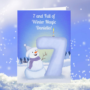 Tarjeta Feliz cumpleaños número 7 para el muñeco de nieve