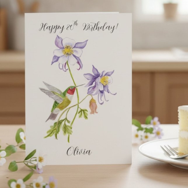 Tarjeta Feliz cumpleaños número 80 Columbine con Hummingbi (Subido por el creador)