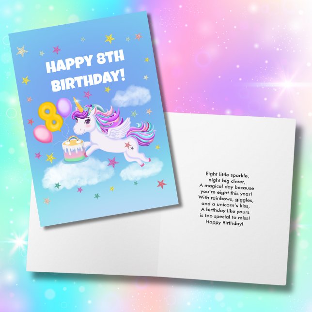 Tarjeta Feliz cumpleaños número 8 Unicornio con pastel de  (Subido por el creador)