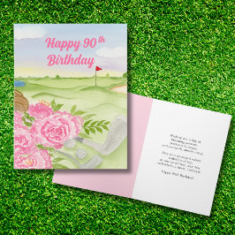Tarjeta Feliz cumpleaños número 90 Peonías en campo de gol