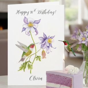 Tarjeta Feliz cumpleaños número 91 Columbine con colibrí