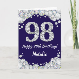 Tarjeta Feliz cumpleaños número 98 Navy Azul y Plata Brill