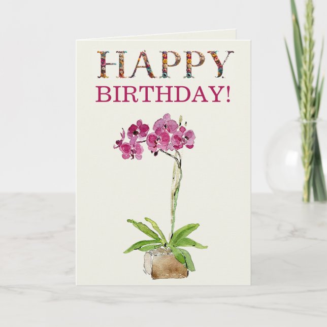 Tarjeta Feliz Cumpleaños Orquídea Polilla Acuarela (Anverso)
