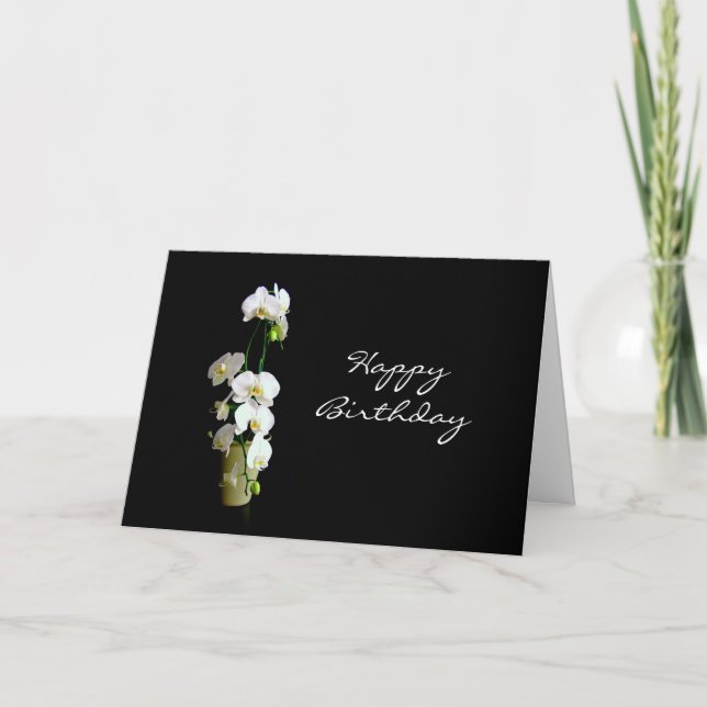 Tarjeta Feliz cumpleaños, orquídeas blancas (Anverso)