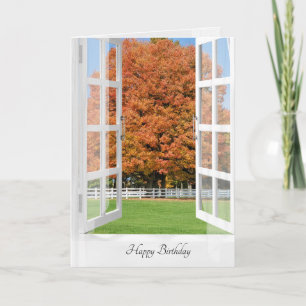Tarjeta Feliz cumpleaños otoño en la ventana