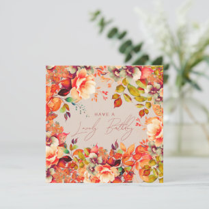 Tarjeta Feliz cumpleaños otoño jardín floral champán