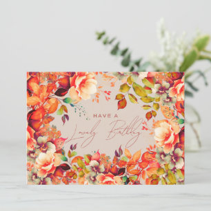 Tarjeta Feliz cumpleaños otoño jardín floral champán