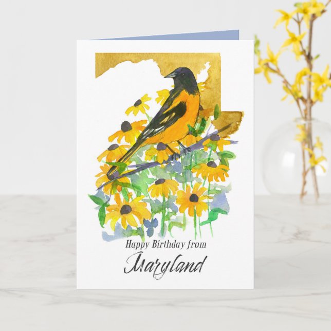 Tarjeta Feliz Cumpleaños Pájaro Oriol de Baltimore Marylan (flor amarilla)