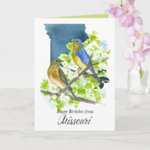 Tarjeta Feliz Cumpleaños Pájaros Azules de Missouri Flor d