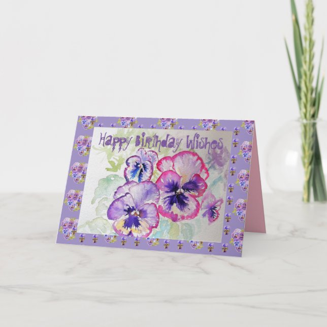 Tarjeta Feliz cumpleaños Pansies Watercolor Greetings Card (Anverso)