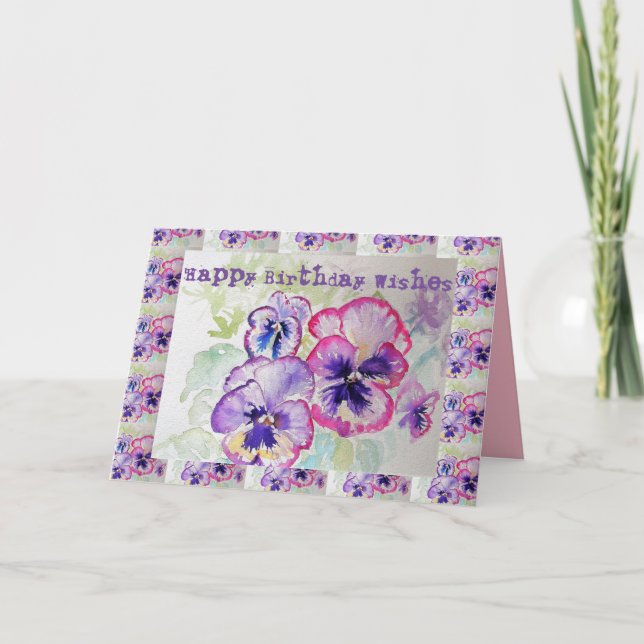 Tarjeta Feliz cumpleaños Pansies Watercolor Greetings Card (Anverso)
