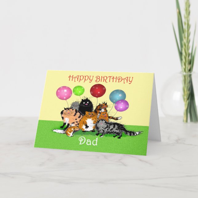 Tarjeta Feliz cumpleaños, papá, gatos y globos. (Anverso)