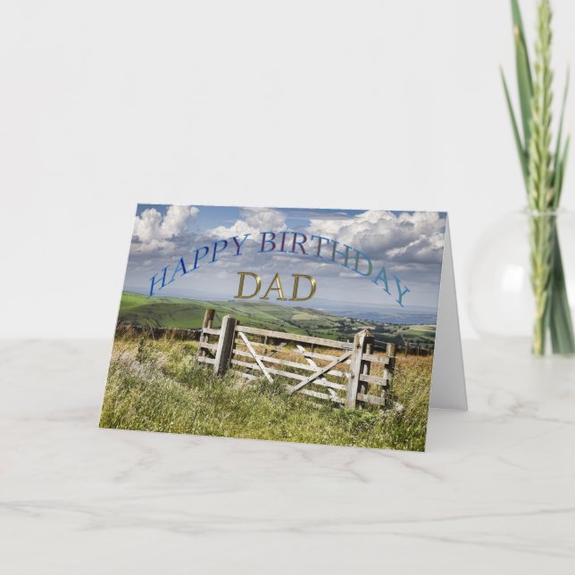 Tarjeta Feliz cumpleaños papá, paisaje con puerta (Anverso)