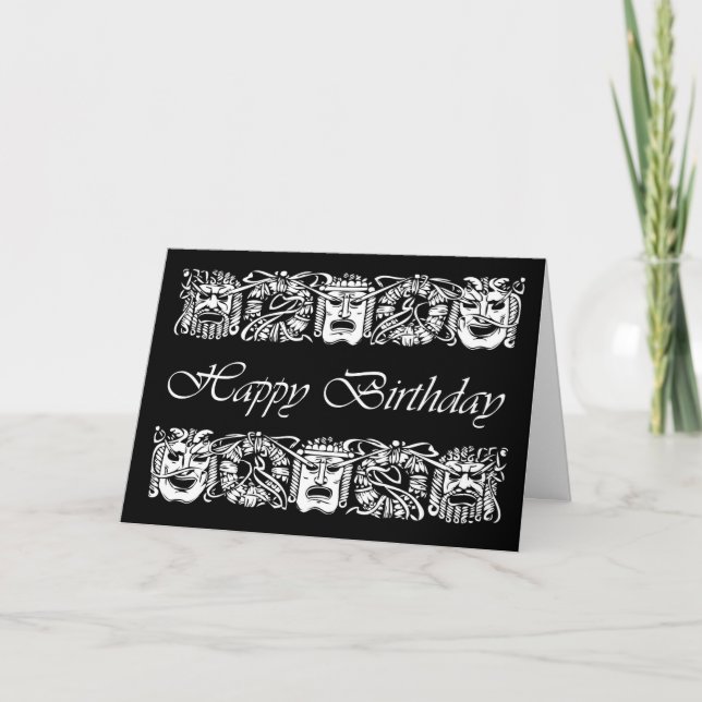 Tarjeta Feliz cumpleaños para profesor de teatro, máscaras (Anverso)