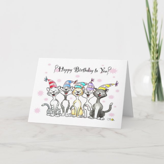 Tarjeta Feliz cumpleaños para ti (cantando gatos) (Anverso)