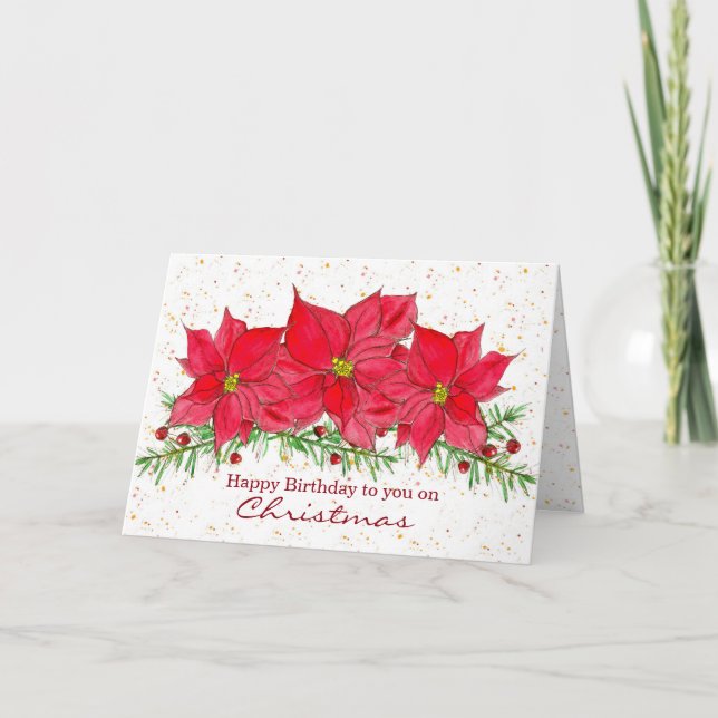 Tarjeta Feliz Cumpleaños Para Ti En Navidades Poinsettias (Anverso)
