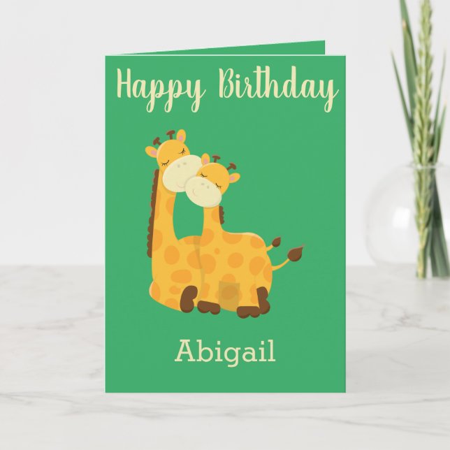 Tarjeta Feliz cumpleaños para un bebé con jirafas (Anverso)