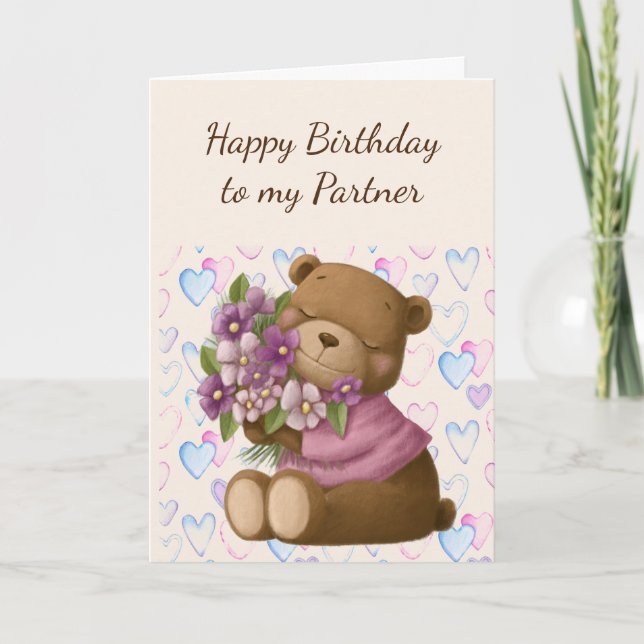 Tarjeta Feliz cumpleaños pareja amor flores de oso (Anverso)