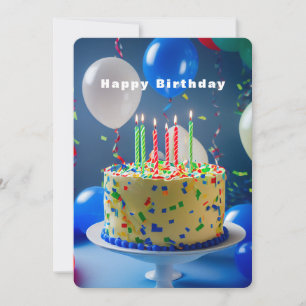 Tarjeta Feliz cumpleaños Pastel azul Globos blancos