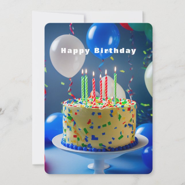 Tarjeta Feliz cumpleaños Pastel azul Globos blancos (Anverso)