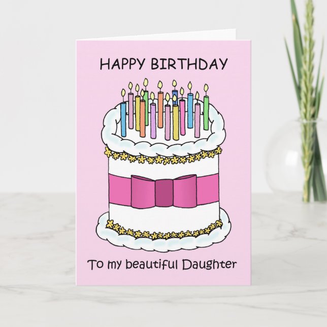 Tarjeta Feliz cumpleaños, pastel de Bonito y velas para la (Anverso)