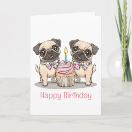 Tarjeta Feliz cumpleaños, pastelito de perros pug