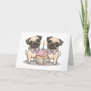 Tarjeta Feliz cumpleaños, pastelito de perros pug