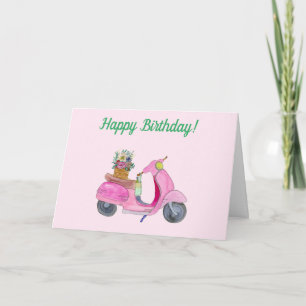 Tarjeta Feliz Cumpleaños Patinete Acuarela Flores y Vino