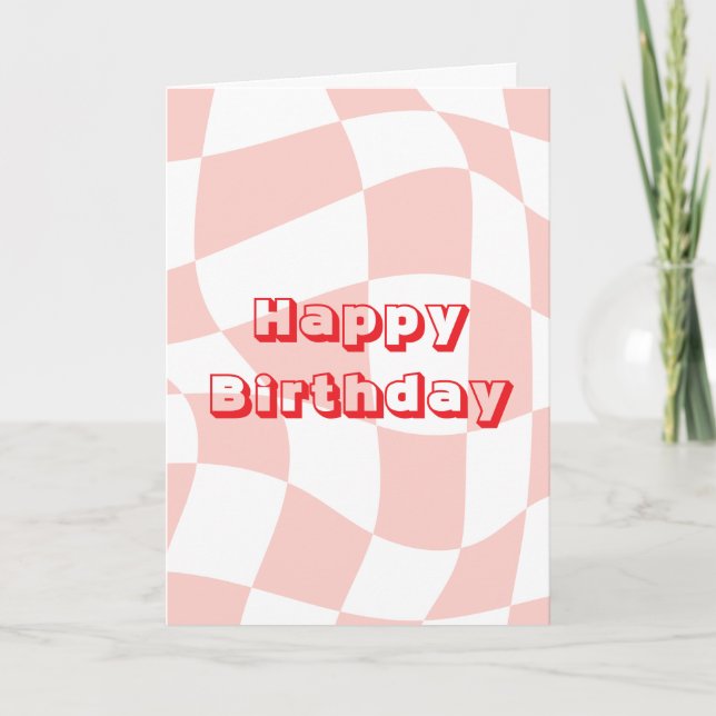 Tarjeta Feliz Cumpleaños, patrón retro rosa y blanco (Anverso)