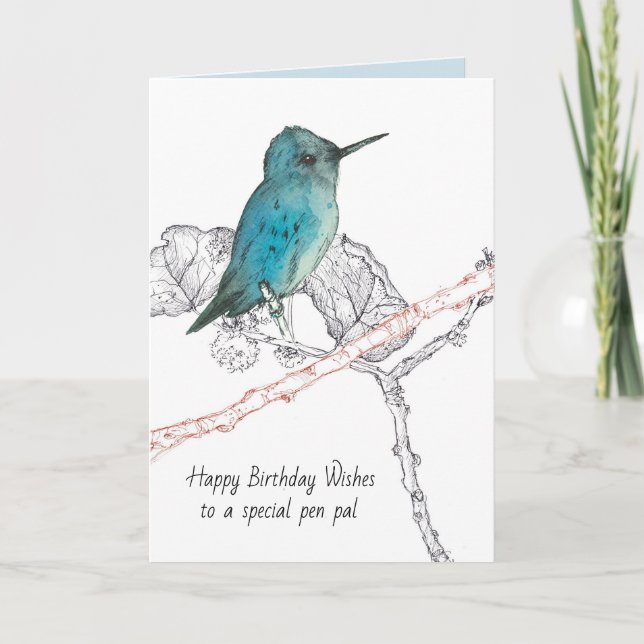 Tarjeta Feliz cumpleaños Pen Pal Hummingbird en el árbol (Anverso)