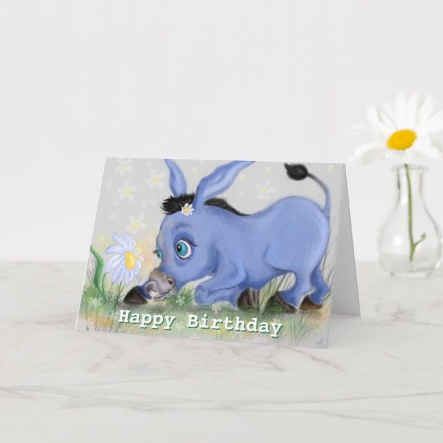 Tarjeta Feliz cumpleaños, pequeño burro y margarita (Planta pequeña)