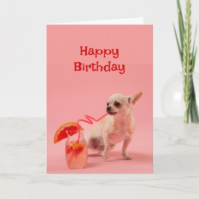Tarjeta Feliz cumpleaños, perro con bebida de cóctel (Anverso)