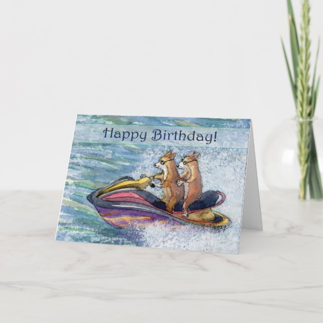 Tarjeta Feliz cumpleaños, perro de corgi conduciendo a su  (Anverso)