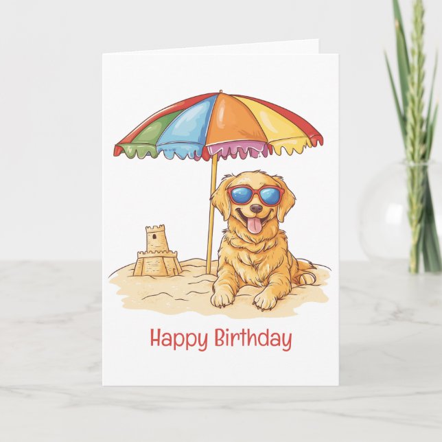 Tarjeta Feliz cumpleaños, perro de playa de Golden Retriev (Anverso)