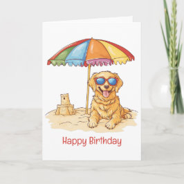 Tarjeta Feliz cumpleaños, perro de playa de Golden Retriev