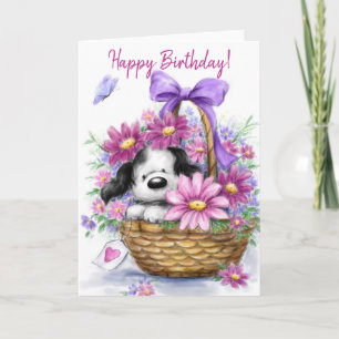 Tarjeta Feliz cumpleaños, perro en una hermosa cesta de fl