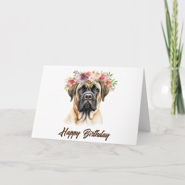 Tarjeta Feliz cumpleaños: Perro malvado inglés con flores (Anverso)