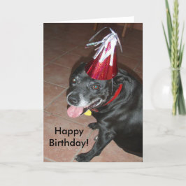 Tarjeta Feliz cumpleaños, perro negro con Gorra rojo
