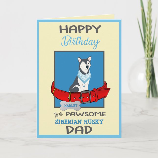 Tarjeta Feliz cumpleaños, perro papá Siberian Husky (Anverso)