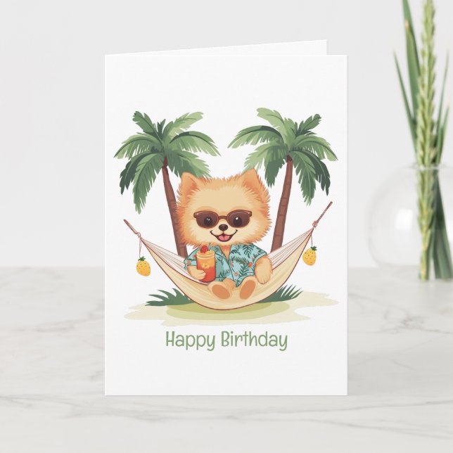 Tarjeta Feliz cumpleaños Perro Pomerano En Una Hamaca (Anverso)