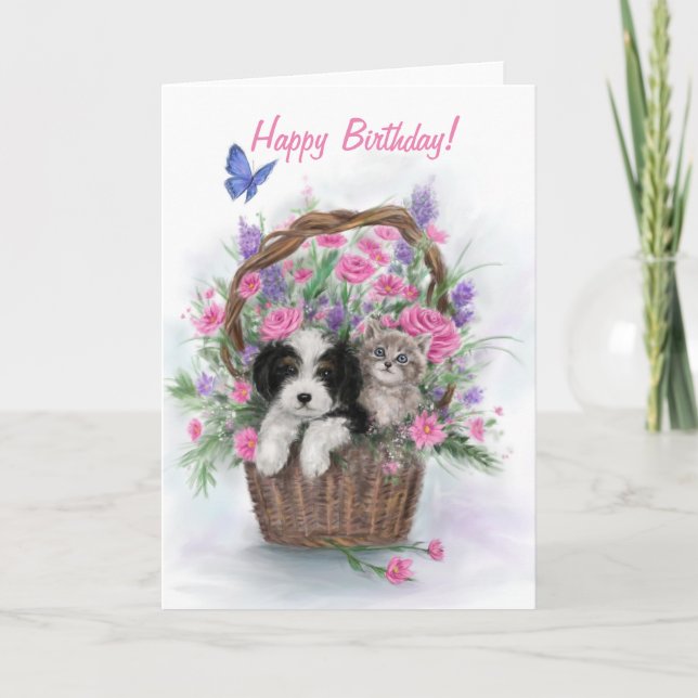 Tarjeta Feliz cumpleaños, perro y gato en la cesta de flor (Anverso)
