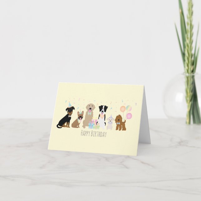 Tarjeta Feliz Cumpleaños Perros Amarillos Fiesta (Anverso)
